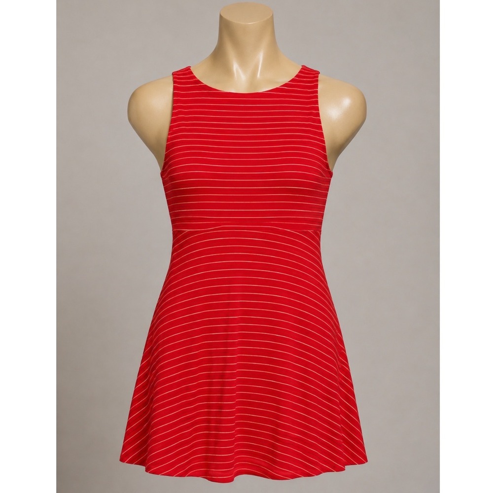 Ann Taylor Silk Dress Womens 14P Red  Striped Sleeveless Fit Flare Nautical